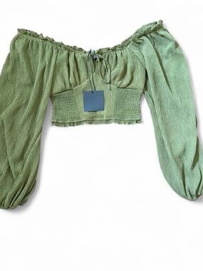 Le Lis Sage Green Off-Shoulder Smocked Crop Top